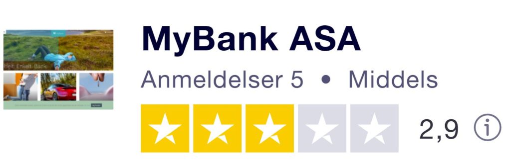 Bildet er tatt fra Trustpilot og viser banken MyBank ASA sitt produktbilde. Videre står det MyBank ASA med uthevet skrift, antall anmeldelser på 5, de har fått kategorien 2,9 ut av 5 og har tre grønne stjerner. Det står også verdiscoren på 2,9 ut av 5. Bakgrunnen er hvit.