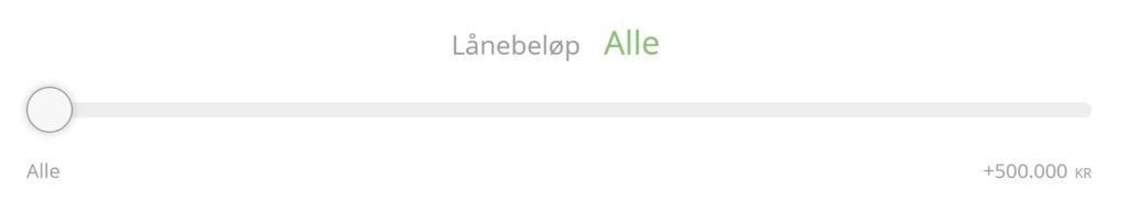 Bildet viser en del av refinansieringskalkulatoren hvor du kan fylle ut ved å bruke slideren hvor mye du ønsker å refinansiere på boliglånet fra minimum 5 000 kr og opptil en halv million og mer på nettsiden Låneoversikten