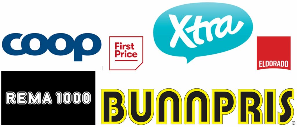 Bildet viser logoene til butikkene og billig middag merkene til COOP, First Price, Xtra, Eldorado, Rema 1000, og Bunnpris på nettstedet til Låneoversikten