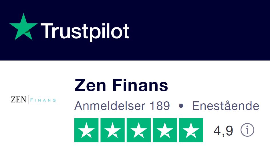 Bildet viser nettstedet Trustpilot og at 189 anmeldelser er skrevet om Zen Finans som har gitt dem kategorien enestående og karakteren 4,9 og fem hele stjerner - vist på Låneoversikten