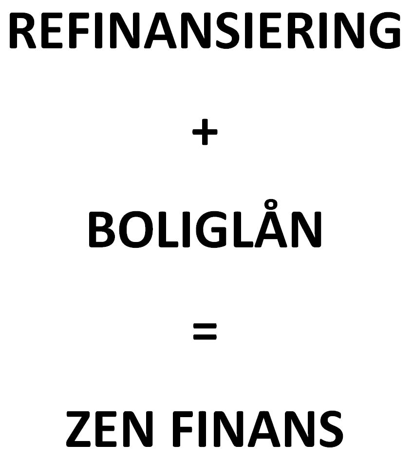 Bildet viser en hvit bakgrunn der det med store, fremhevede sorte bokstaver står Refinansiering pluss boliglån er lik Zen Finans på nettsiden til Låneoversikten