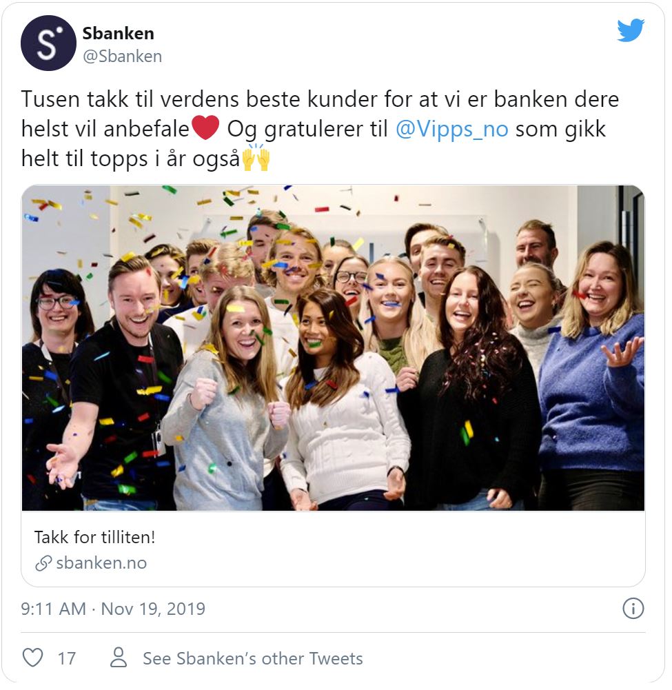 Bildet er tatt fra Twitter og viser en glad gjeng fra Sbanken - Låneoversikten