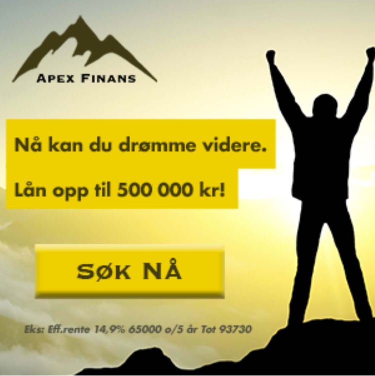Apex Finans forbrukslån visualisert med en mann som står på toppen av et fjell og har hendene over hodet.