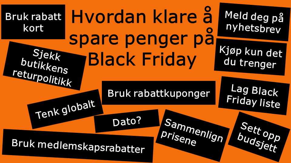 Hvordan klare å spare penger på Black Friday tips skrevet på oransje bakgrunn