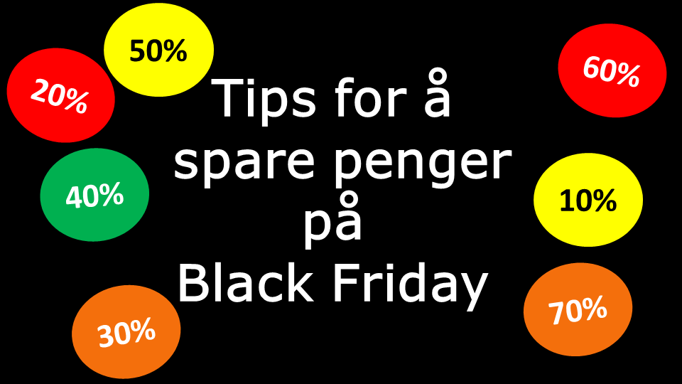 Tips for å spare penger på Black Friday skrevet i hvite bokstaver på sortbakgrunn med salgsbobler rundt fra 10%-70% i ulike farger.